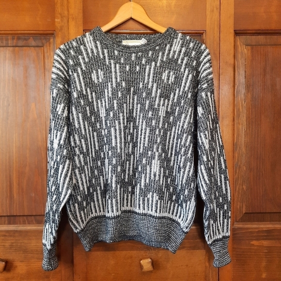 Vintage London Fog black & white geometric ribbed knit pattern Grandpa sweater - Picture 1 of 8